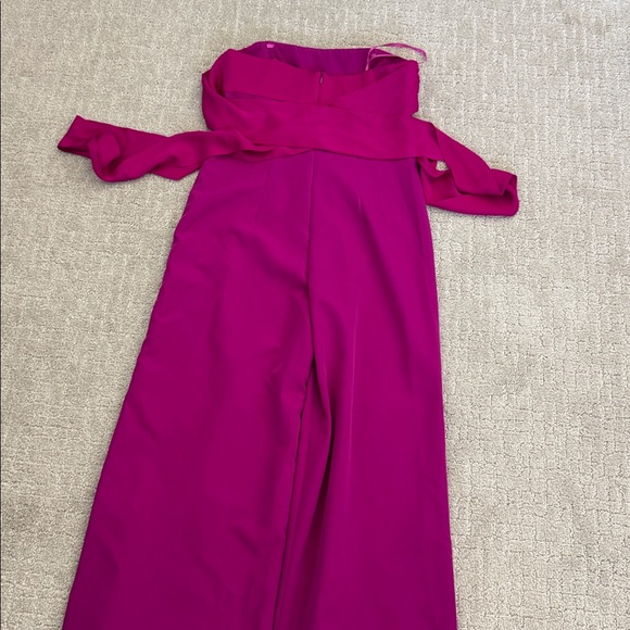 Milly Brooke Strapless silk Magenta Sash Waist Wide Leg Italian Cady Jumpsuit - Picture 6 of 9